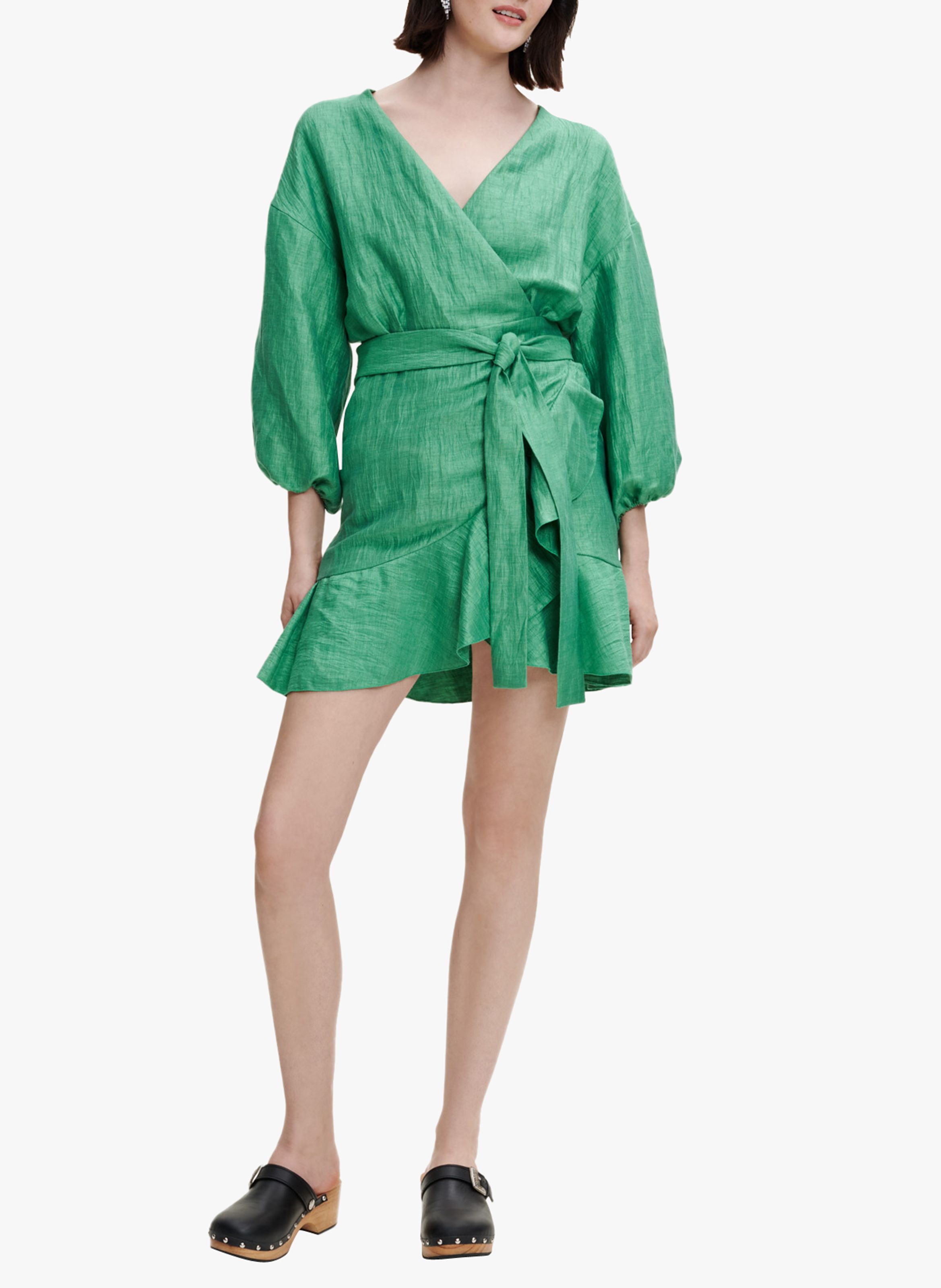 Short Linen-blend Wrap Dress Vert Maje ...